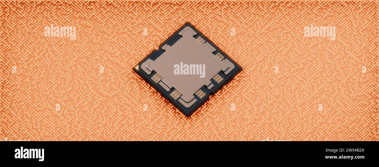 AMD Ryzen 9 AM5 auf einem Labyrinth aus orangefarbenen Stromkreisen, orthographische Ansicht, 3D-Rendering-Banner, Poster-Cover-Design, dunkle, körnige Textur, Co Stockfoto