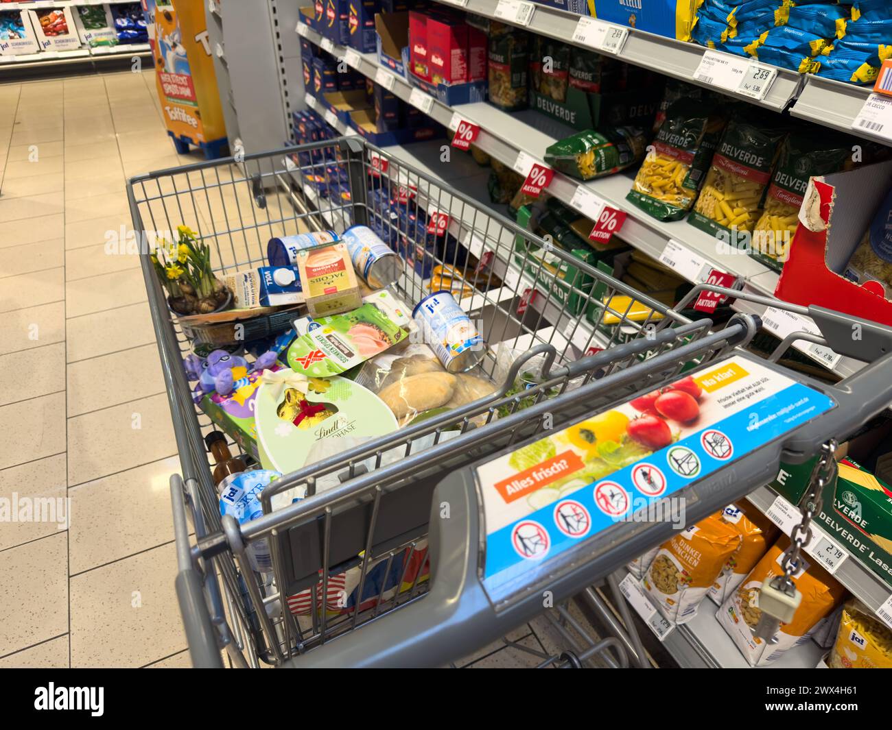 Bayern, Deutschland - 27. März 2024: Themenbild Shopping at Easter, Ein Einkaufswagen voller Lebensmittel und Ostersüßigkeiten zum Osterfest in einem Supermarkt *** Themenbild Einkaufen an Ostern, ein Einkaufswagen voller Lebensmittel und Ostersüßigkeiten zum Osterfest in einem Supermarkt Stockfoto