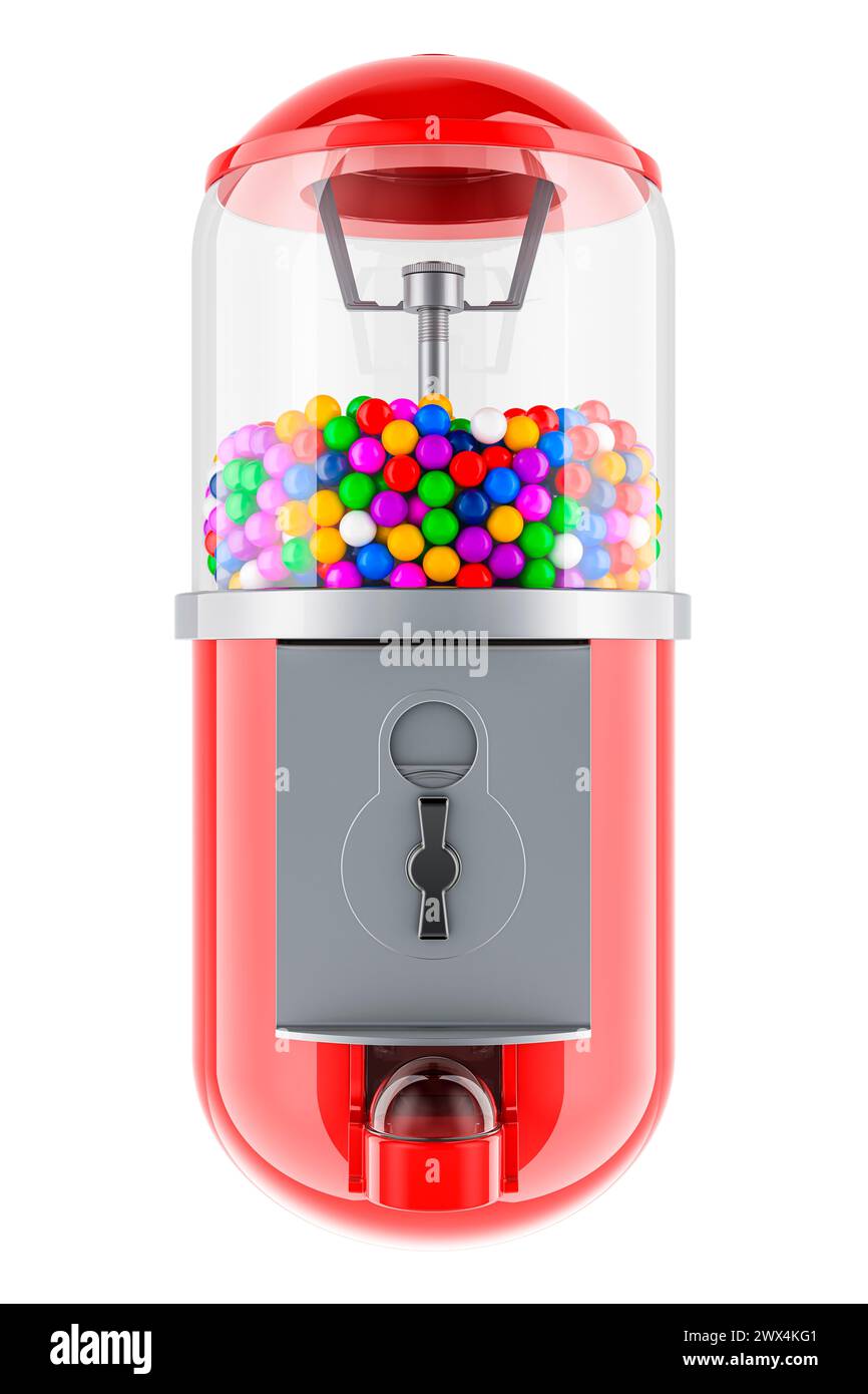Süßigkeitspender, Gumball-Maschine als Medikamentenkapsel, 3D-Rendering isoliert auf weißem Hintergrund Stockfoto