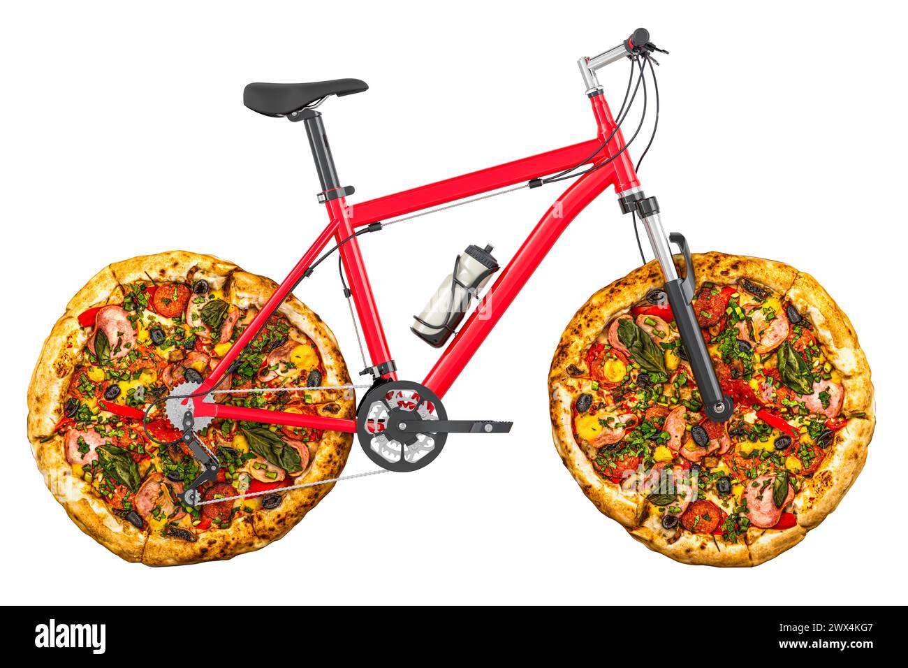 Pizzalieferung, Konzept. Fahrrad mit Pizzarädern, 3D-Rendering isoliert auf weißem Hintergrund Stockfoto