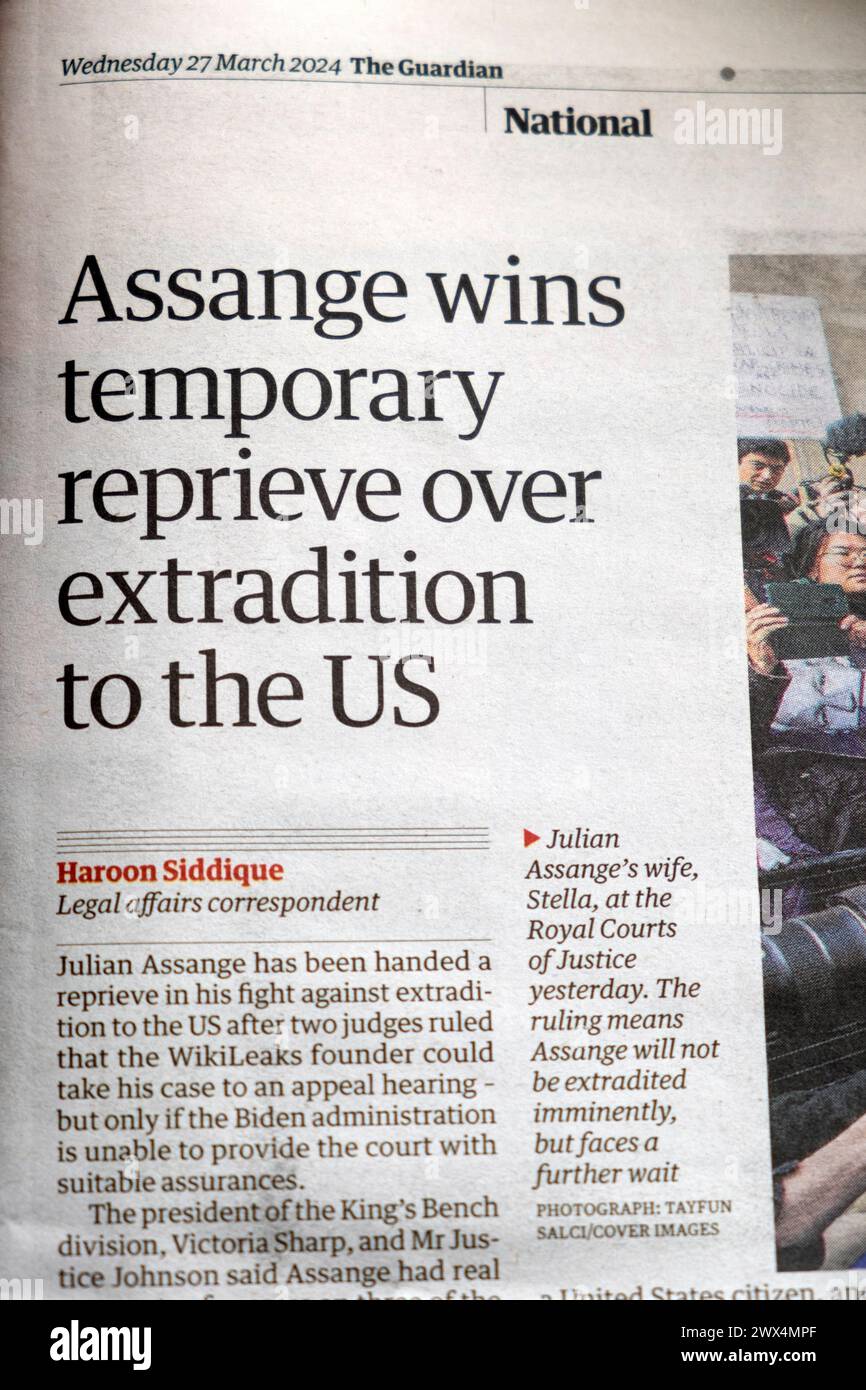 Julian 'Assange gewinnt vorübergehende Vergeltung wegen Auslieferung an die US' Guardian Zeitung Schlagzeile 27 März 2024 WikiLeaks artikel London England Großbritannien Stockfoto