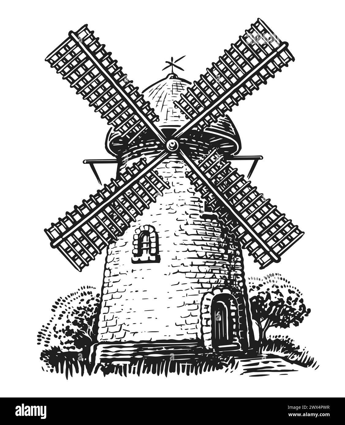 Alte Farm Windmühle. Gravurstil skizzieren. Handgezeichneter Mühlenvektor-Illustration Stock Vektor