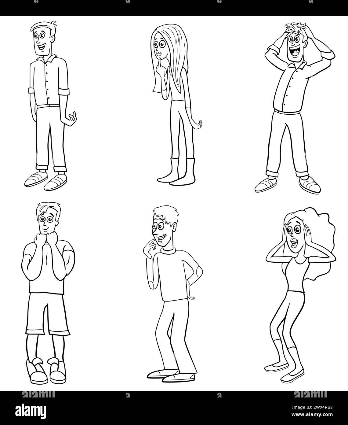Zeichentrickillustration von lustigen überraschten jungen Leuten Charaktere setzen Malseite Stock Vektor