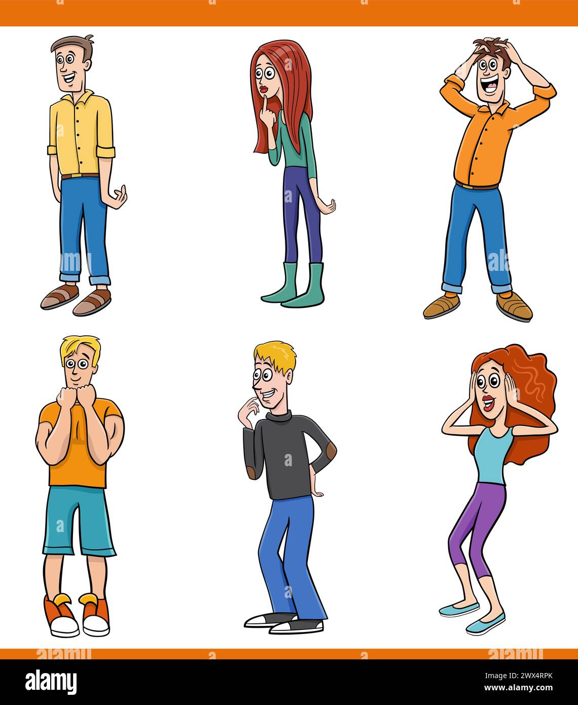 Comic-Illustration von lustigen überraschten jungen Leuten Figuren Set Stock Vektor