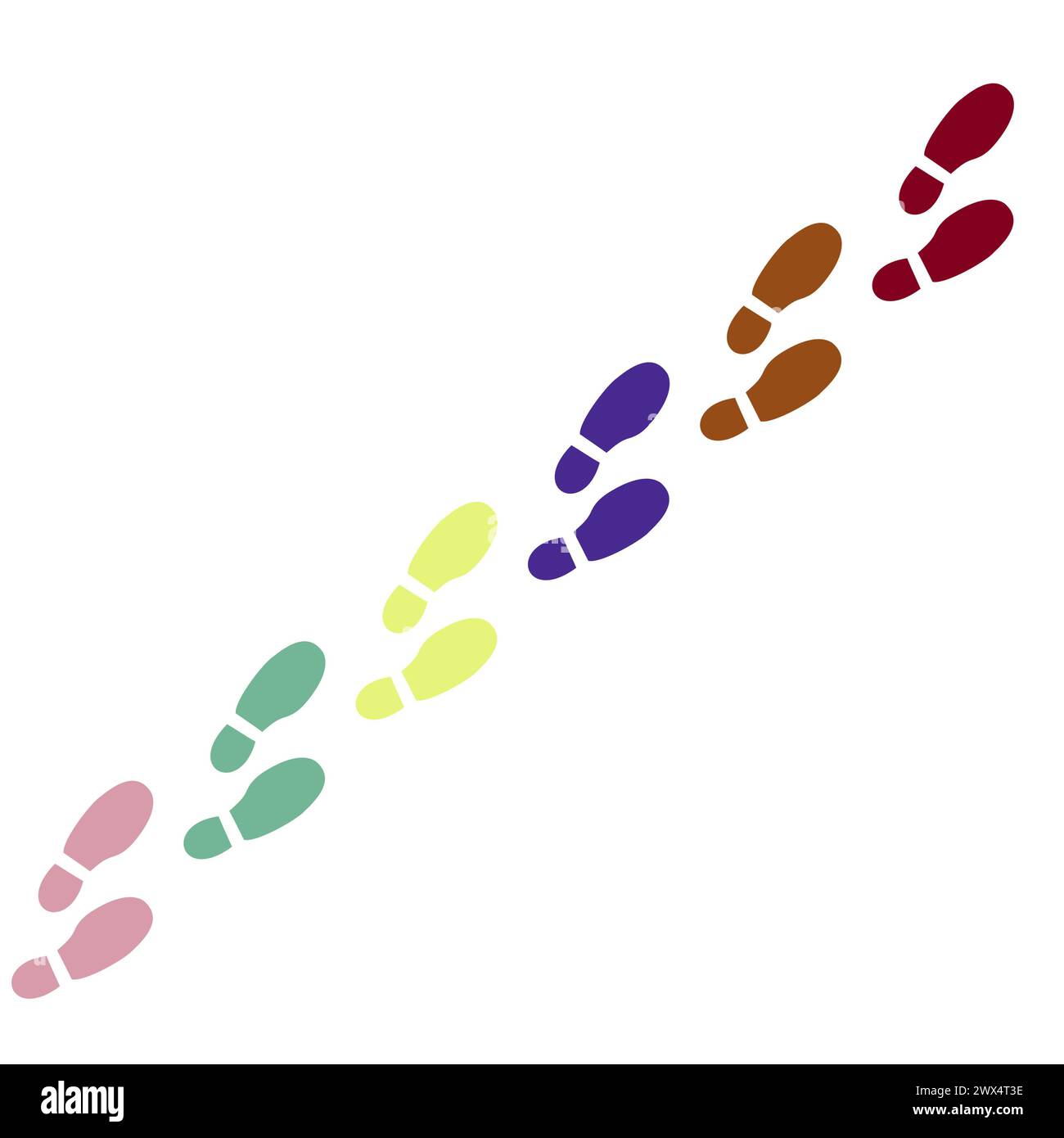 Ein Vektor, der mehrfarbige menschliche Fußabdrücke in einer Linie zeigt, symbolisch für den Weg nach vorne im Leben. Stock Vektor