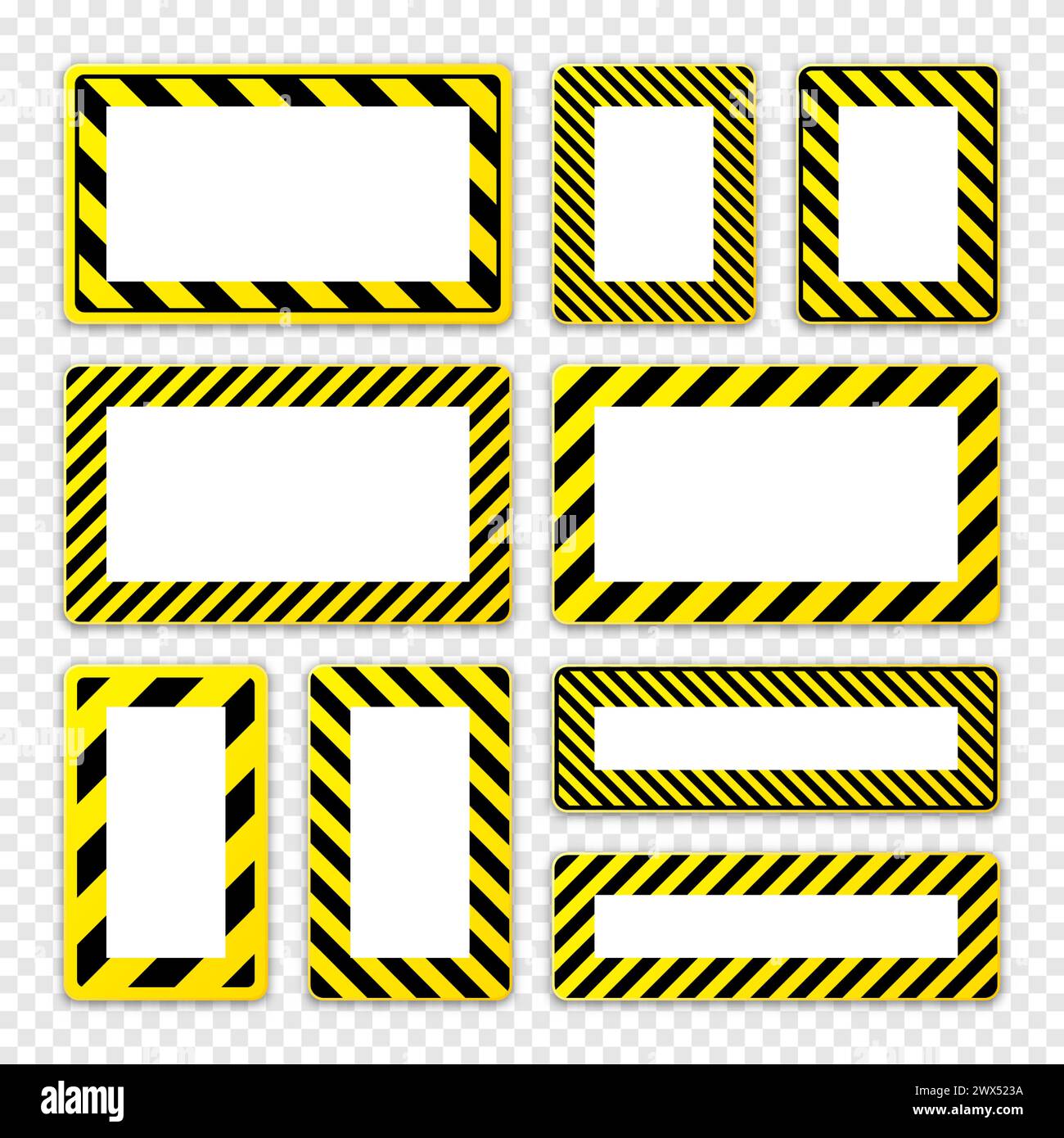 Verschiedene leere Warnschilder mit diagonalen Linien. Rotes Achtung-, Gefahr- oder Vorsichtshinweisschild, Baustellenbeschilderung. Realistisches Hinweisschild, Warnung Stock Vektor