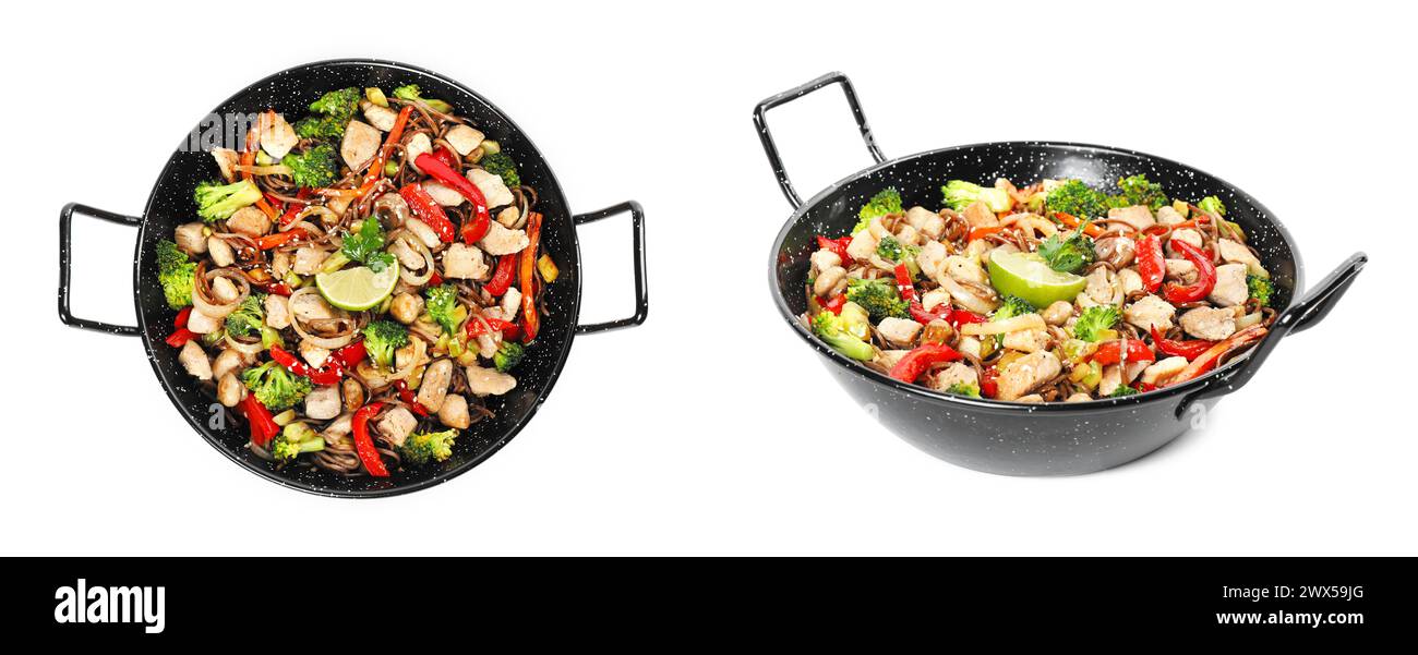 Wok mit gebratenen Nudeln, Fleisch und Gemüse isoliert auf weiß, von oben und von der Seite Stockfoto