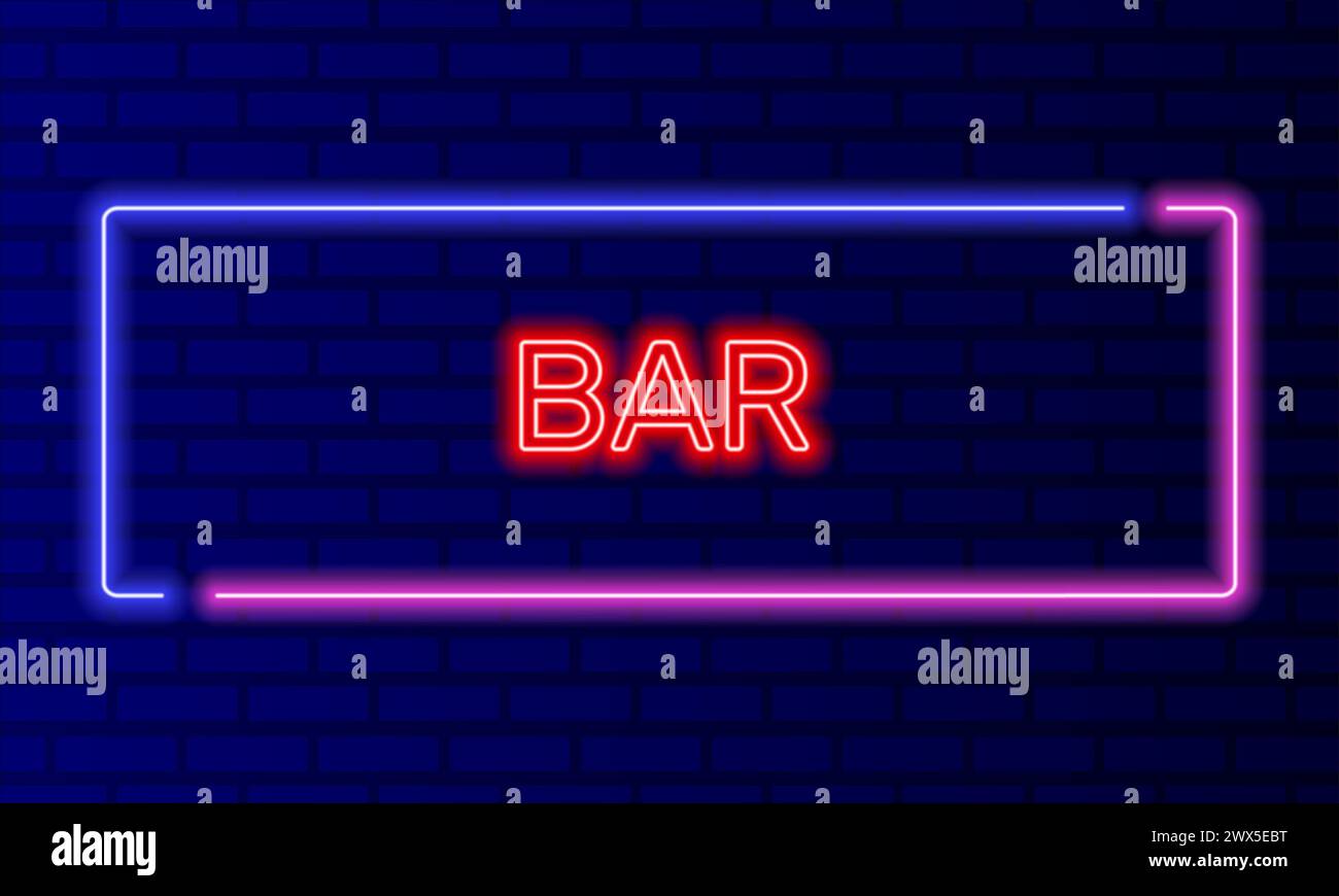 Neon-Schilderleiste im Sprechblasen-Rahmen auf Backsteinwand-Hintergrundvektor. Helles Banner auf dem Hintergrund der Wand. Bar Button Nachtleben und Cocktails, Design Stock Vektor