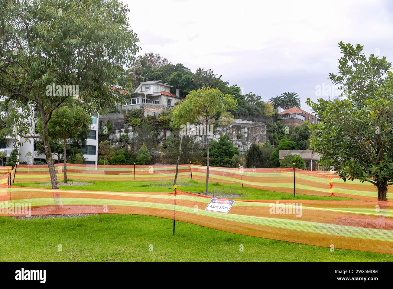 Sydney, 2024 wurde Asbest-kontaminierter Mulch entdeckt, der als Landschaftsgestaltung in Sydney genutzt wurde und von Räten abgegrenzt wurde, hier Harold Park, Sydney Stockfoto