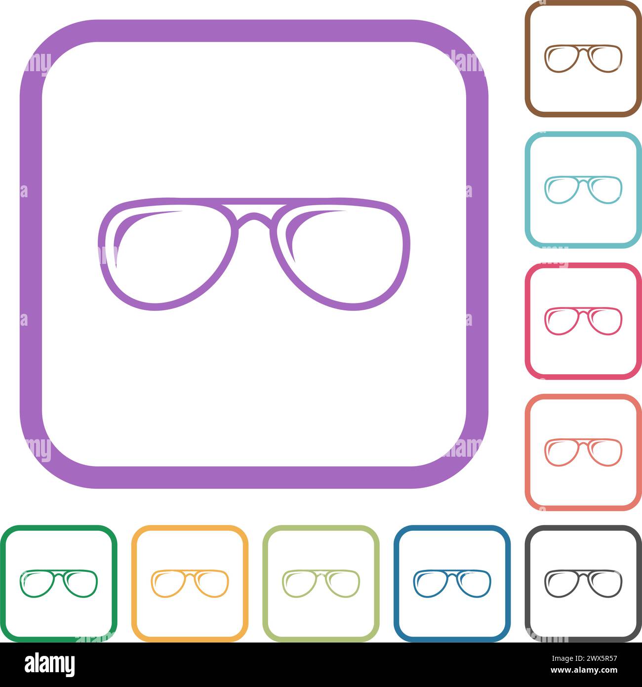 Gläser mit Glanzeffekt umreißen einfache Symbole in farbigen, abgerundeten quadratischen Rahmen auf weißem Hintergrund Stock Vektor