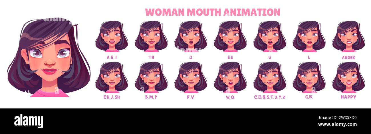 Woman Mouth Animationskit. Zeichentrickvektor-Illustration Set des jungen weiblichen Charaktergesichts mit verschiedenen Positionen der Lippen und Zunge während des Sprechens und Stock Vektor