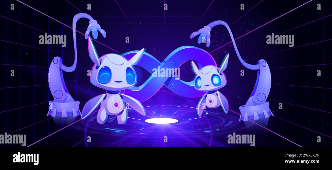 Neon-Ai-Roboter und zukünftige Automatisierungstechnik auf dem Bildschirm. Entwicklersoftware für künstliche Intelligenz mit Infinity-Symbol-Hintergrund. Cyber Education Stock Vektor