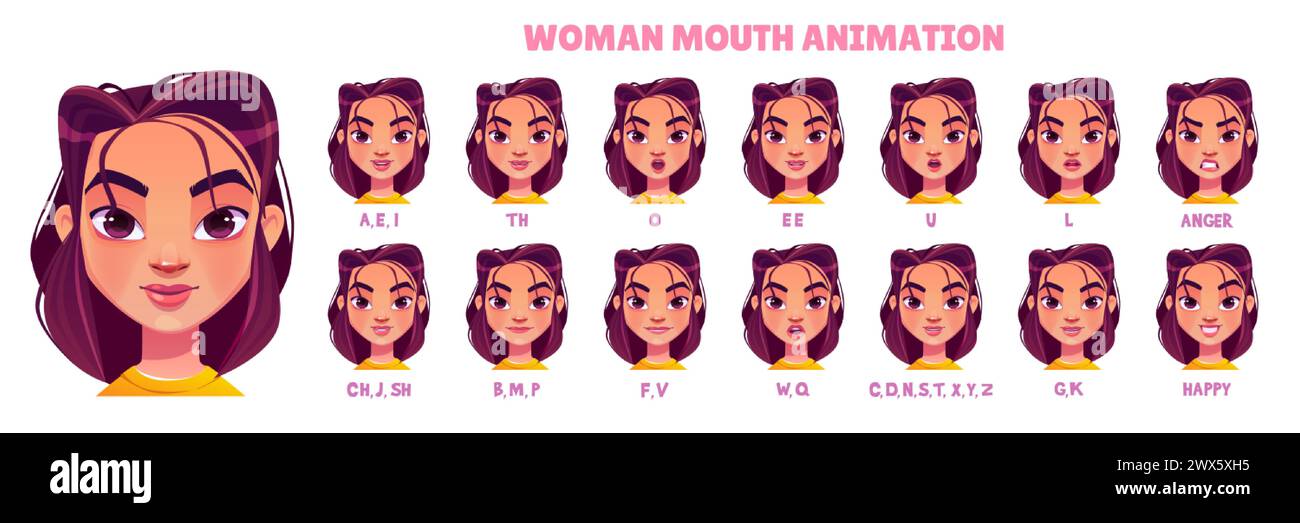 Woman Mouth Animationskit. Zeichentrickvektor-Illustration Set des jungen weiblichen Charaktergesichts mit verschiedenen Positionen der Lippen und Zunge während des Sprechens und Stock Vektor