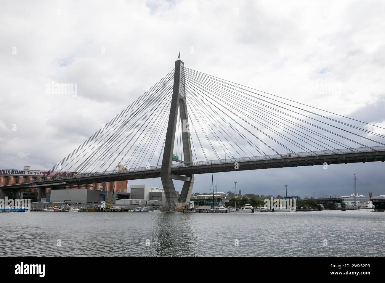 Anzac Bridge in Sydney, berühmte Brücke, die Pyrmont mit Glebe Island verbindet, 1995 eröffnet, im Stadtzentrum von Sydney, NSW, Australien Stockfoto