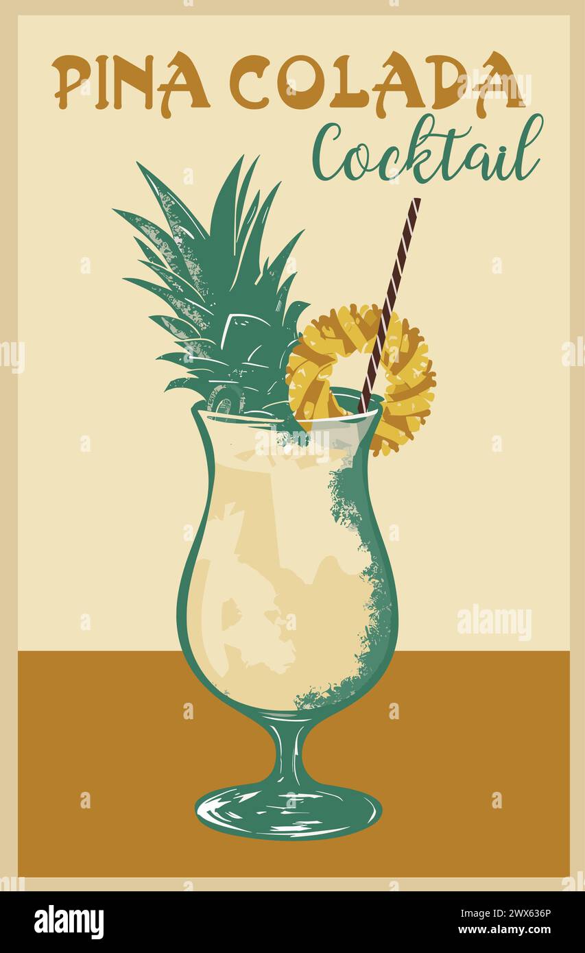 Pina Colada Cocktail Retro Poster Vektorkunst. Stock Vektor