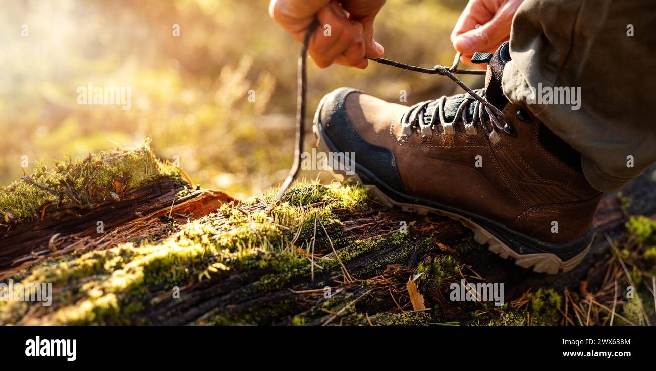 Mann, der Wanderstiefel an gefallenen Baumstamm im Wald bindet. Schuhe und Bekleidung im Freien. Banner mit Kopierbereich Stockfoto