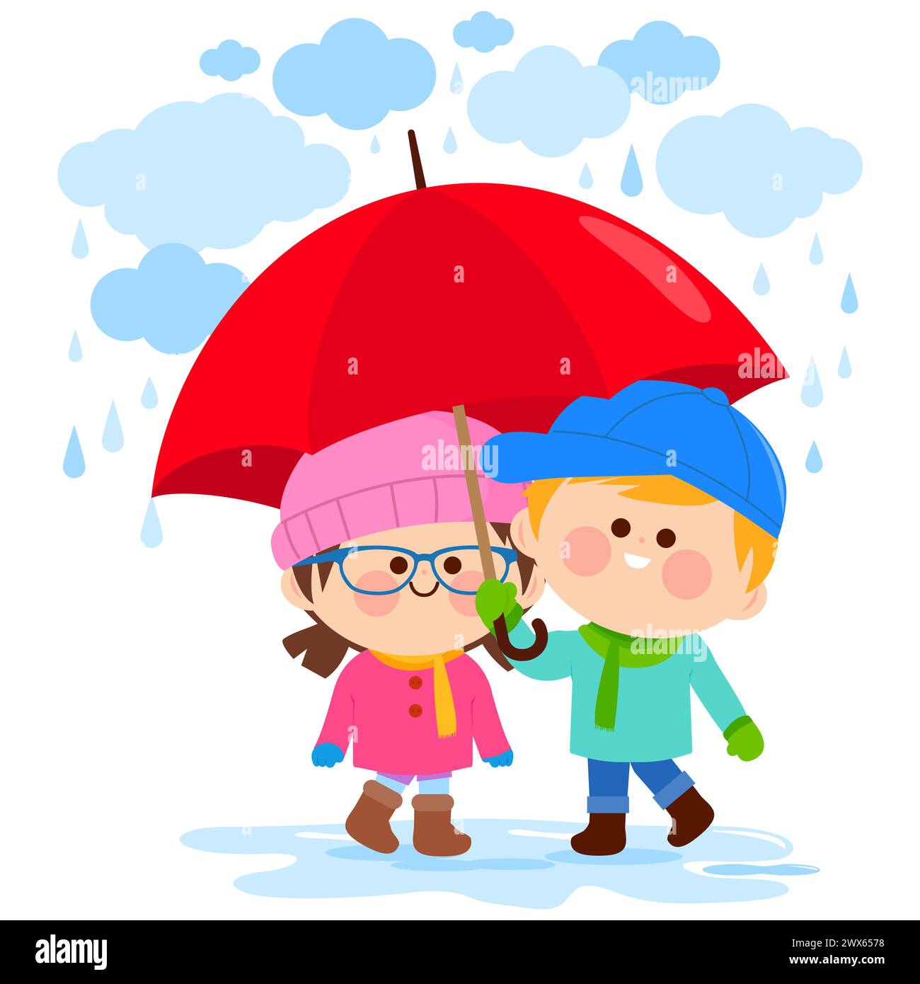 Kinder unter einem Regenschirm im Regen. Regnerische Kinder spielen im Wasser. Stockfoto