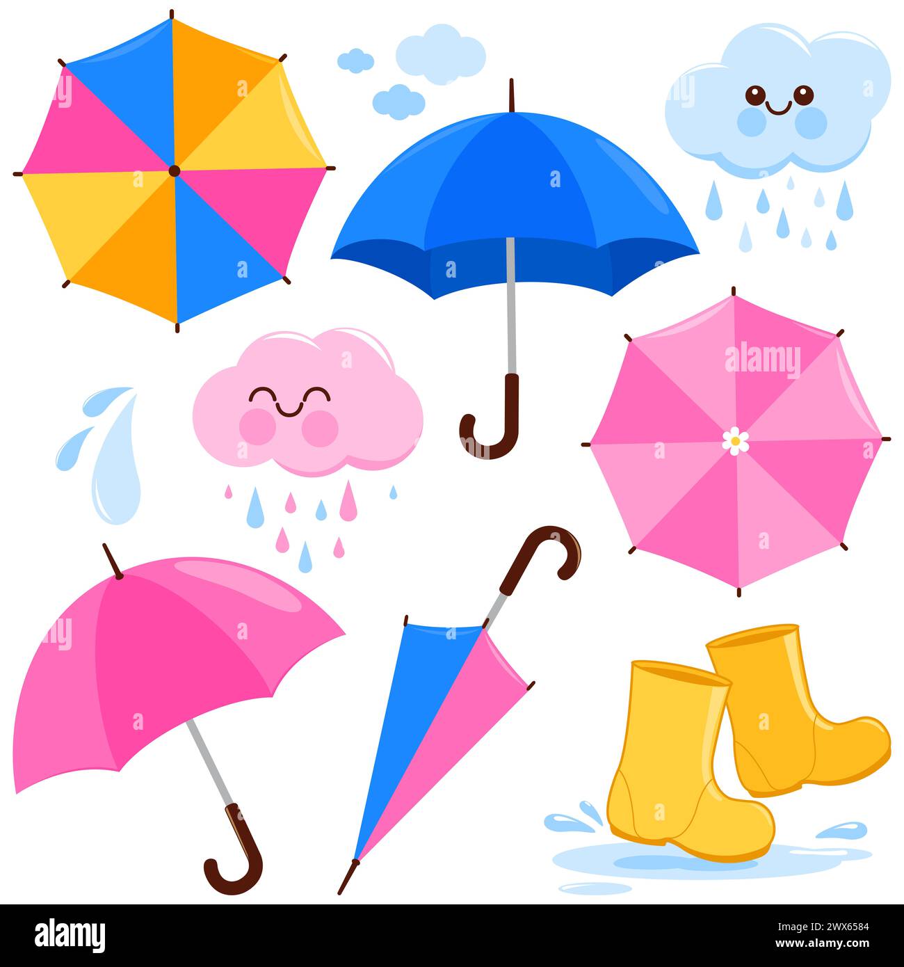 Regentag mit Regenschirmen und Wasserstiefeln. Niedliche Wolkenfiguren im Herbst mit Regenwetterobjekten. Illustrationssammlung Stockfoto