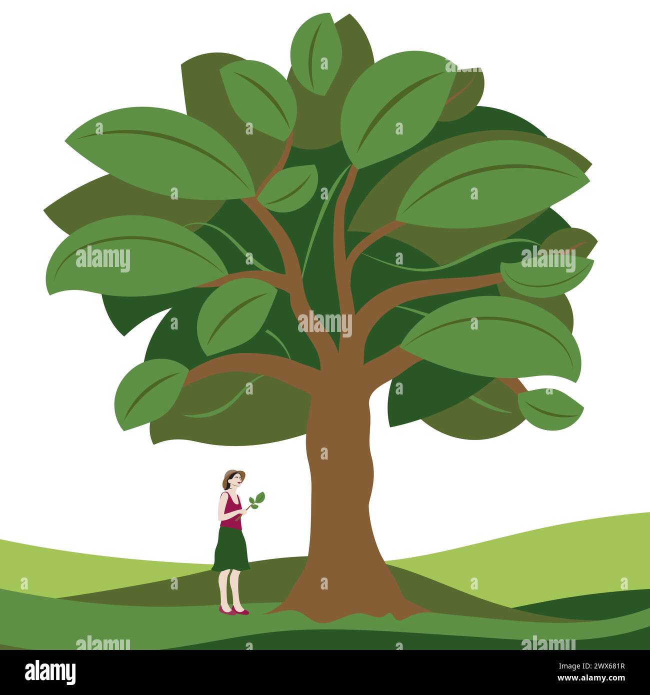 Eine illustrierte Frau, die unter einem großen Baum steht, mit einem Zweig in der Hand Stock Vektor