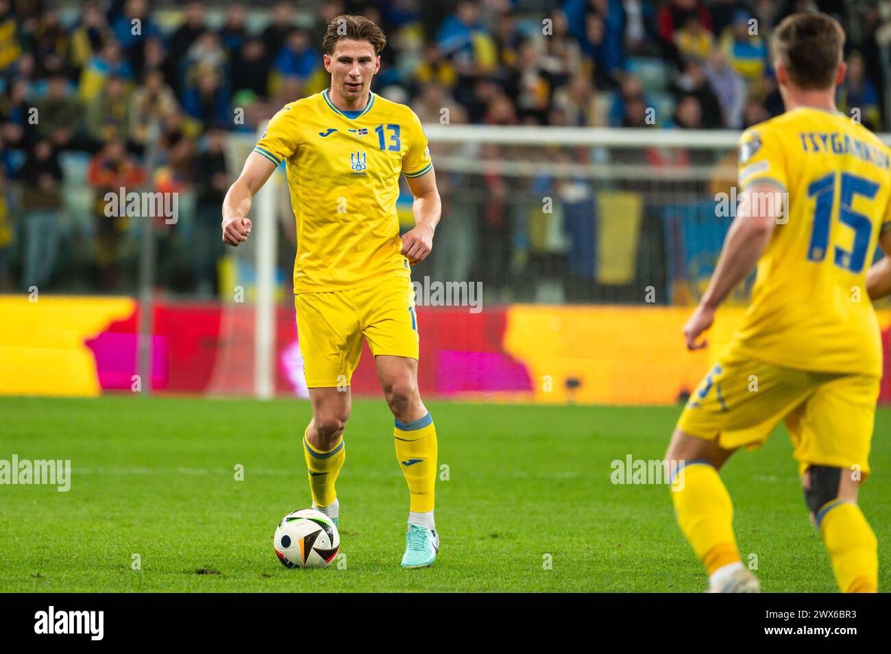WROCLAW, POLEN - 26. MÄRZ 2024: Qualifikation für die UEFA Euro 2024. Letztes Play-off-Spiel Ukraine - Island 2:1. In Aktion Illia Zabarnyi Stockfoto