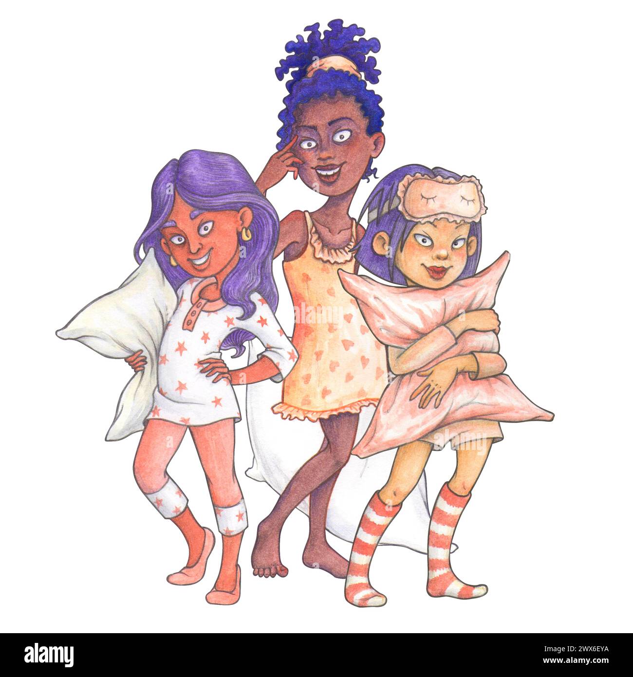 Cartoon-Mädchen im Schulalter mit Kissen, in bequemer Kleidung für eine Pyjama-Party. Komposition für T-Shirt-Design, Pyjama-Tagesdekor oder -Druck Stockfoto