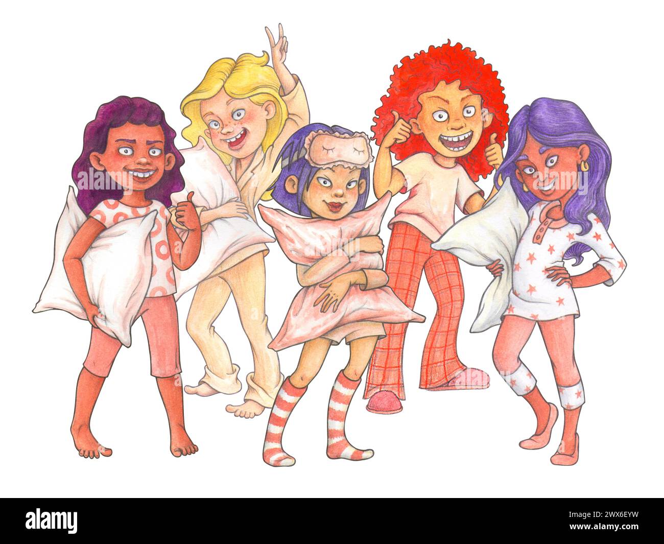 Illustration im T-Shirt-Design mit jungen Mädchen im Schlafanzug mit Kissen. Pyjama-Partykonzept. Isolierte Aquarellabbildung für Pyjama-Tagesdesign Stockfoto