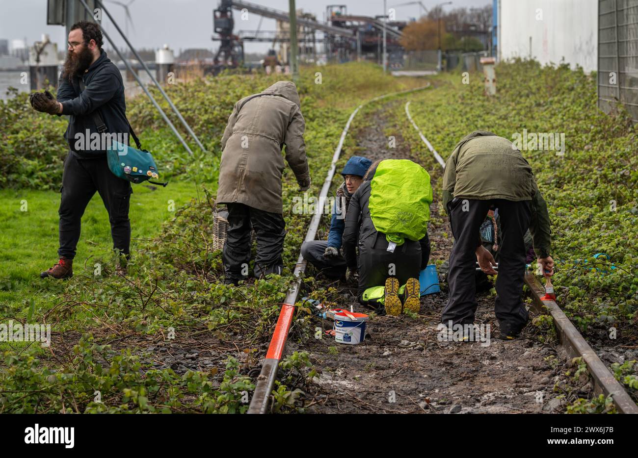 Amsterdam, Niederlande, 24.03.2024, Klimaaktivisten der Bewegung "Kappen traf Kolen" entfernen Steine von der Industriebahn Stockfoto