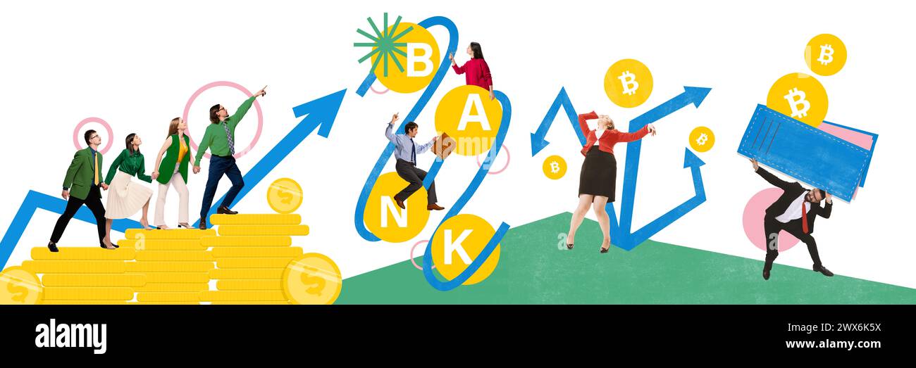 Zeitgenössische Kunstcollage. Junge Menschen, die investieren, um ein passives Einkommen zu haben. Erhöht und verringert sich. Stabiler Gewinn. Stockfoto