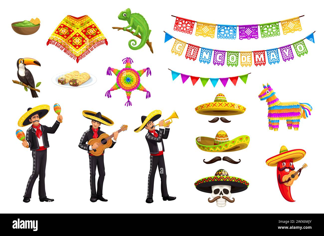 Mexikanische Cinco de Mayo Weihnachtsfiguren. Mariachi-Musiker, Pinata und Sombreros, Essen und Wimpel, Vector Mexico Party. mexikanische Comic-Männer und Pfeffer mit Gitarre und Maracas, Schädel mit Schnurrbart Stock Vektor