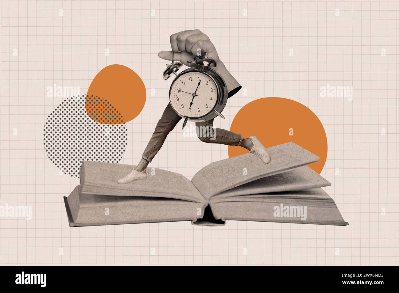 Artwork Collage Bild von schwarz weiß Effekt Arm halten Glocke Ring Uhr Mini Beine riesiges geöffnetes Buch isoliert auf kariertem Copybook Seite Hintergrund Stockfoto