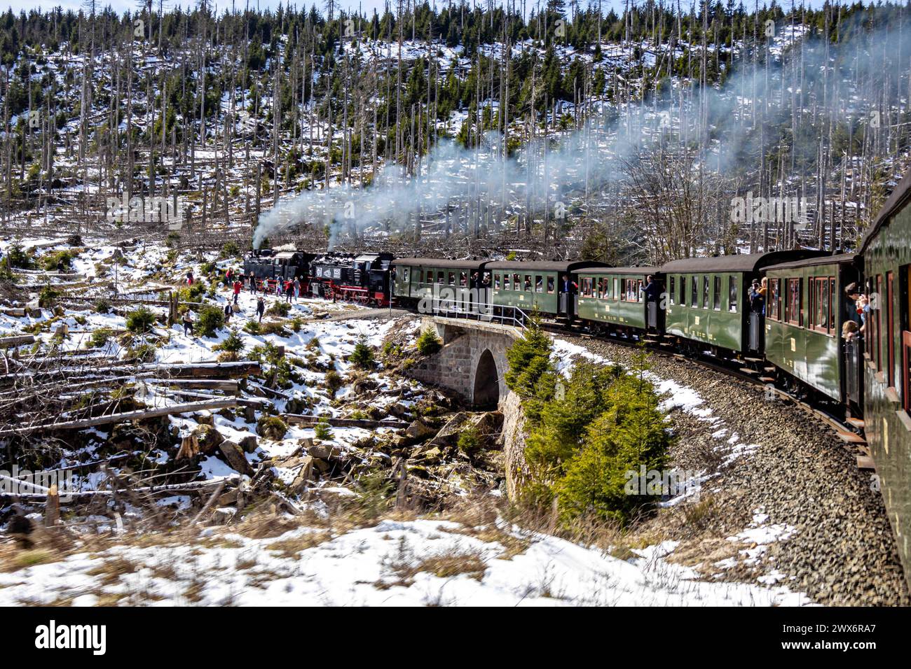 Wernigerode, Deutschland 27. März 2024: Sonderfahrt der Harzer Schmalspurbahn zum Jahrestag der Betriebsaufnahme am 27.03.1899. Im Bild: 99 6001 und 99 222, mit der Power zweier Dampfloks geht es hinauf zum Brocken. Sachsen-Anhalt *** Wernigerode, Deutschland 27. März 2024 Sonderfahrt der Harzer Schmalspurbahn zum Jahrestag der Betriebsaufnahme am 27 03 1899 im Bild 99 6001 und 99 222, mit der Kraft zweier Dampflokomotiven geht es bis zum Brocken Sachsen Anhalt Urheberrecht: xFotostandx/xReissx Stockfoto