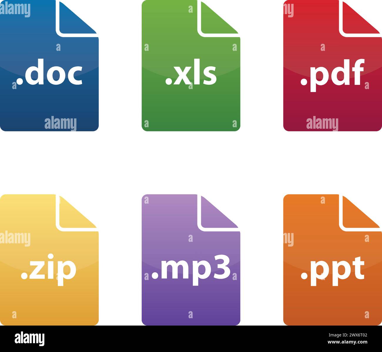 Bunte Dateisymbole in verschiedenen Formaten doc xls PDF zip mp3.ppt Stock Vektor