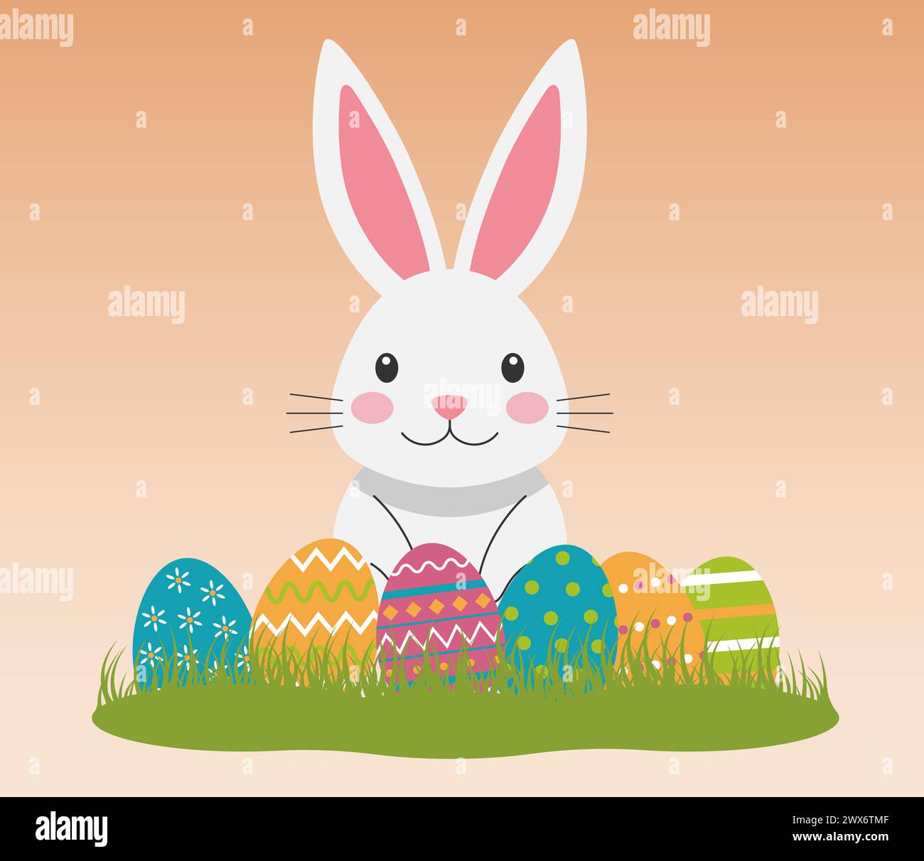 Illustration mit einem weißen Osterhasen, der im grünen Gras mit bemalten Eiern sitzt. Happy Easter Vektor Hintergrund für Grußkarte, Poster, Banner. Stock Vektor
