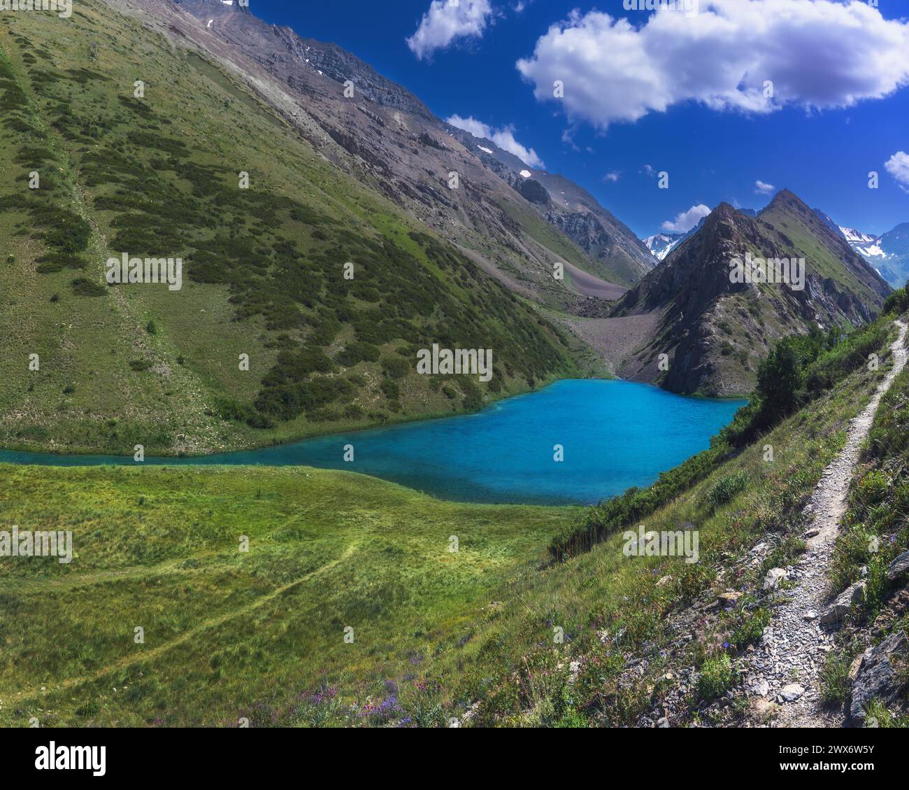 Panoramalandschaft mit blauem See in den Bergen im Sommer. Koksai Ainakol See im Tien Shan Gebirge in Asien in Kasachstan Stockfoto