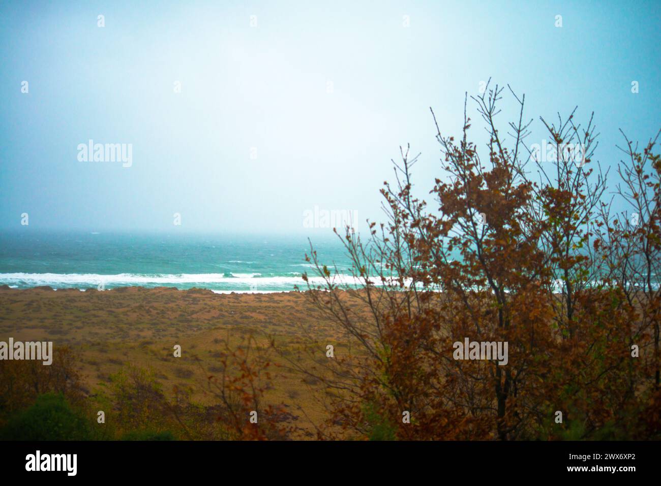 Tauchen Sie ein in die Ruhe eines blauen Meeres bei nebeligem Wetter, wo das Meer auf den ätherischen Dunst trifft und eine ruhige und geheimnisvolle maritime Szene schafft. Stockfoto