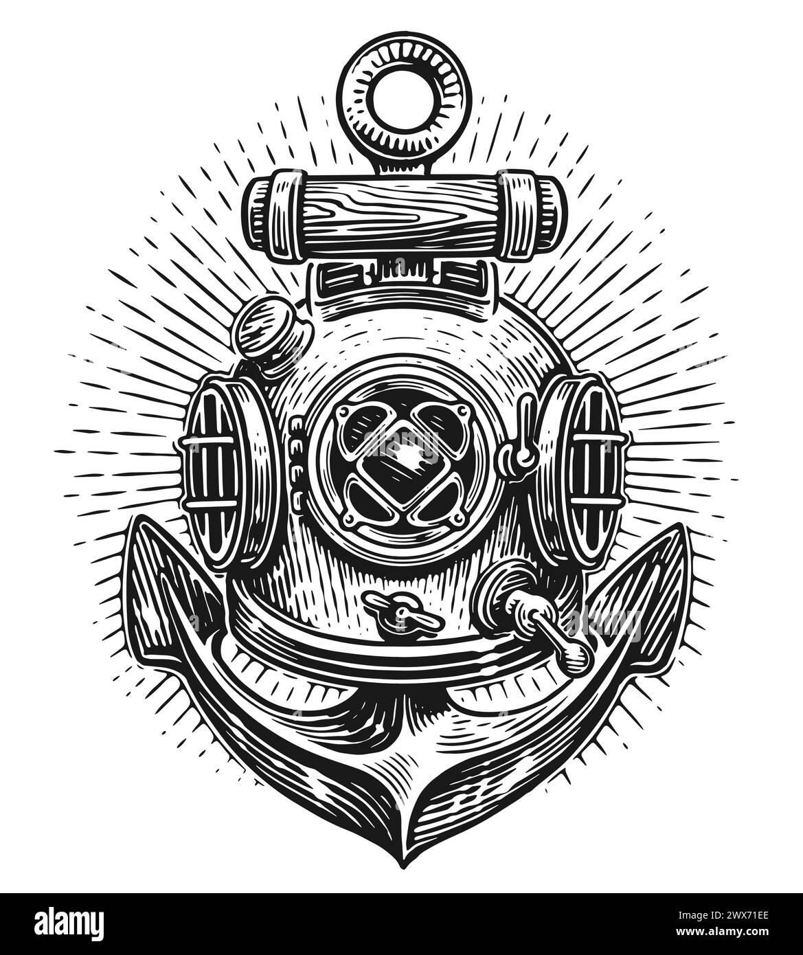 Tauchhelm und Schiffsanker. Nautisches, Marine Emblem. Skizze Vintage Vektor Illustration Gravur Stil Stock Vektor