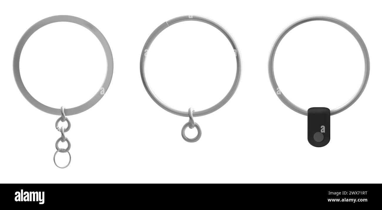 Isoliertes Metall Schlüsselanhänger Ring Halter Vektor Modell. Silberner runder Schlüsselanhänger für Auto, Haus. 3D realistisches Hängemodell aus Stahlrahmen. Ketten Teile Ausrüstung für Souvenirvorlagen Design Stock Vektor
