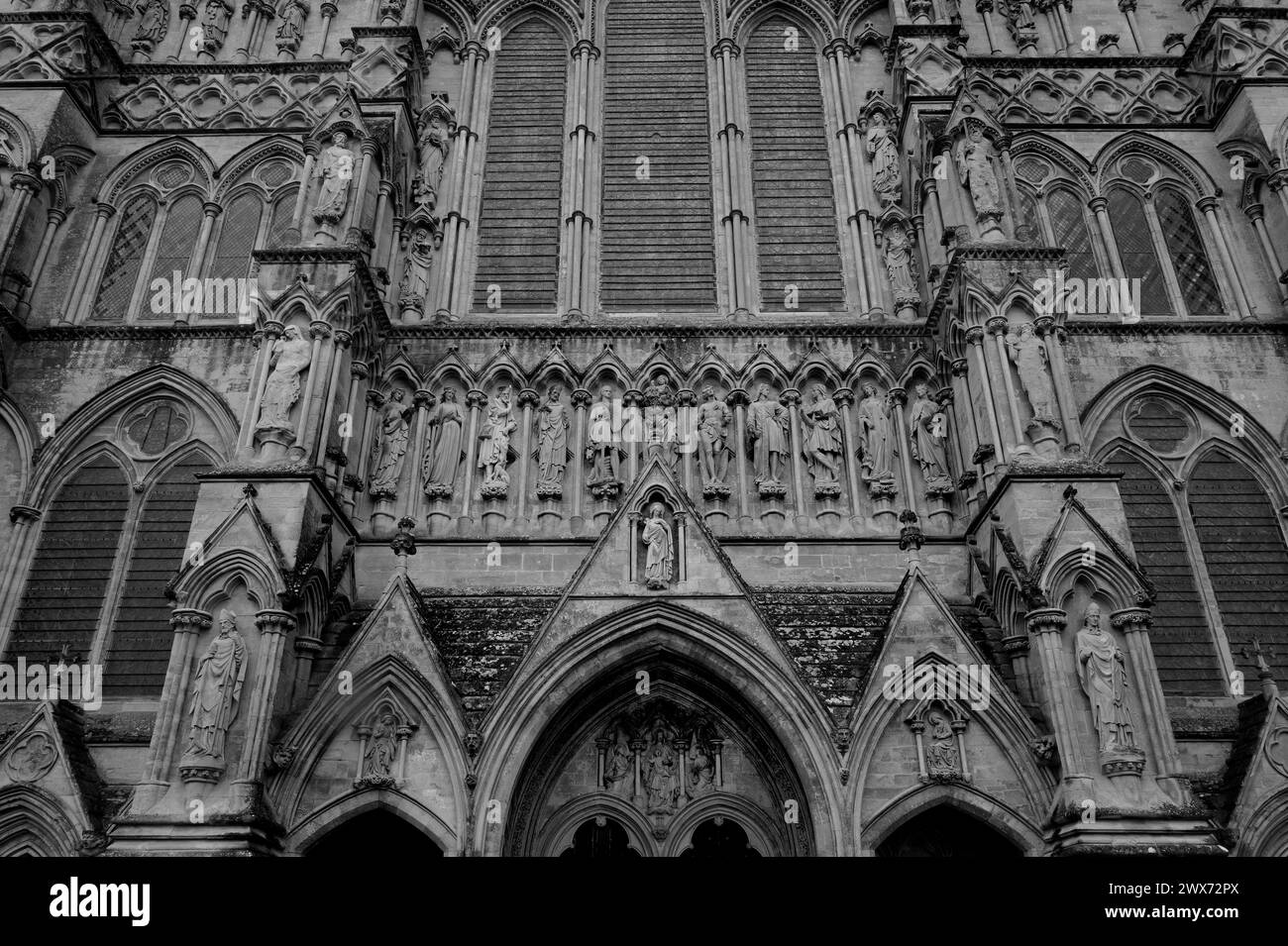 Schwarz-weiße Kathedrale von Salisbury, mittelalterliche gotische Architektur, West Door & Großbritanniens höchster Turm, Wiltshire, Großbritannien Stockfoto