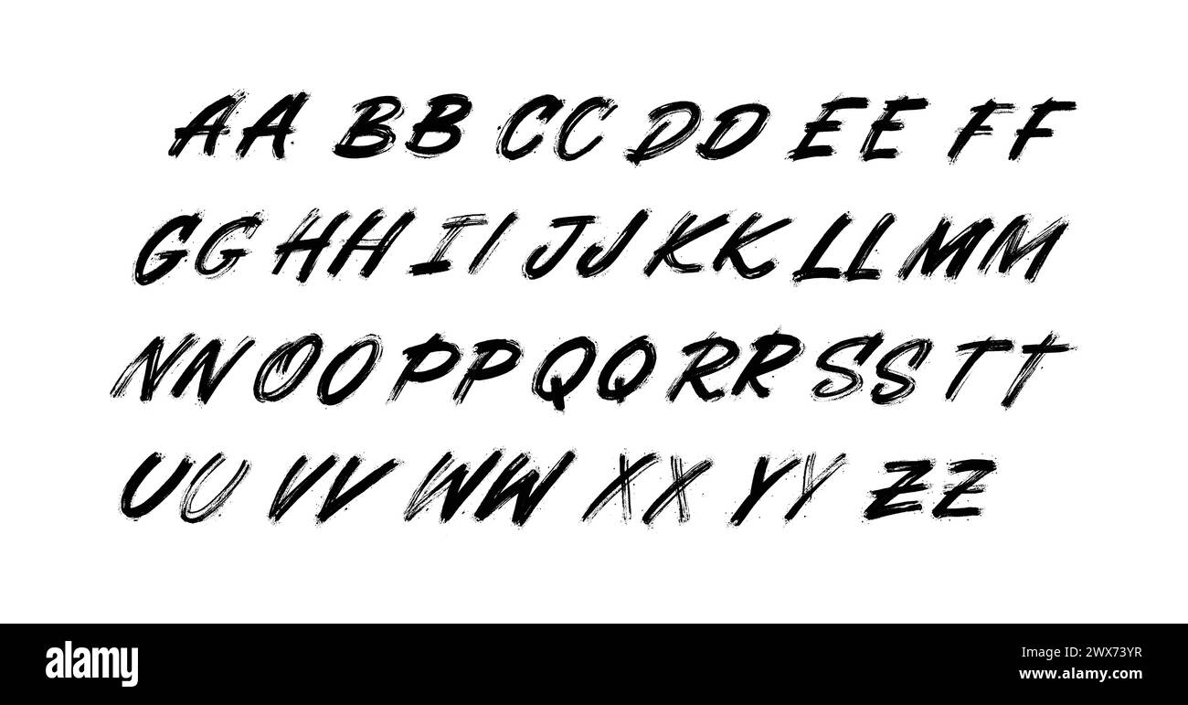 Schriftart isoliert auf schwarzem Hintergrund. Textur-Alphabet im Street Art- und Graffiti-Stil. Grunge- und Schmutzeffekt. Vektorpinsel Buchstaben. Stock Vektor