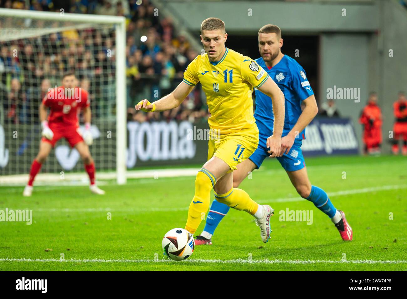 WROCLAW, POLEN - 26. MÄRZ 2024: Qualifikation für die UEFA Euro 2024. Letztes Play-off-Spiel Ukraine - Island 2:1. In Aktion Artem Dovbyk. Stockfoto