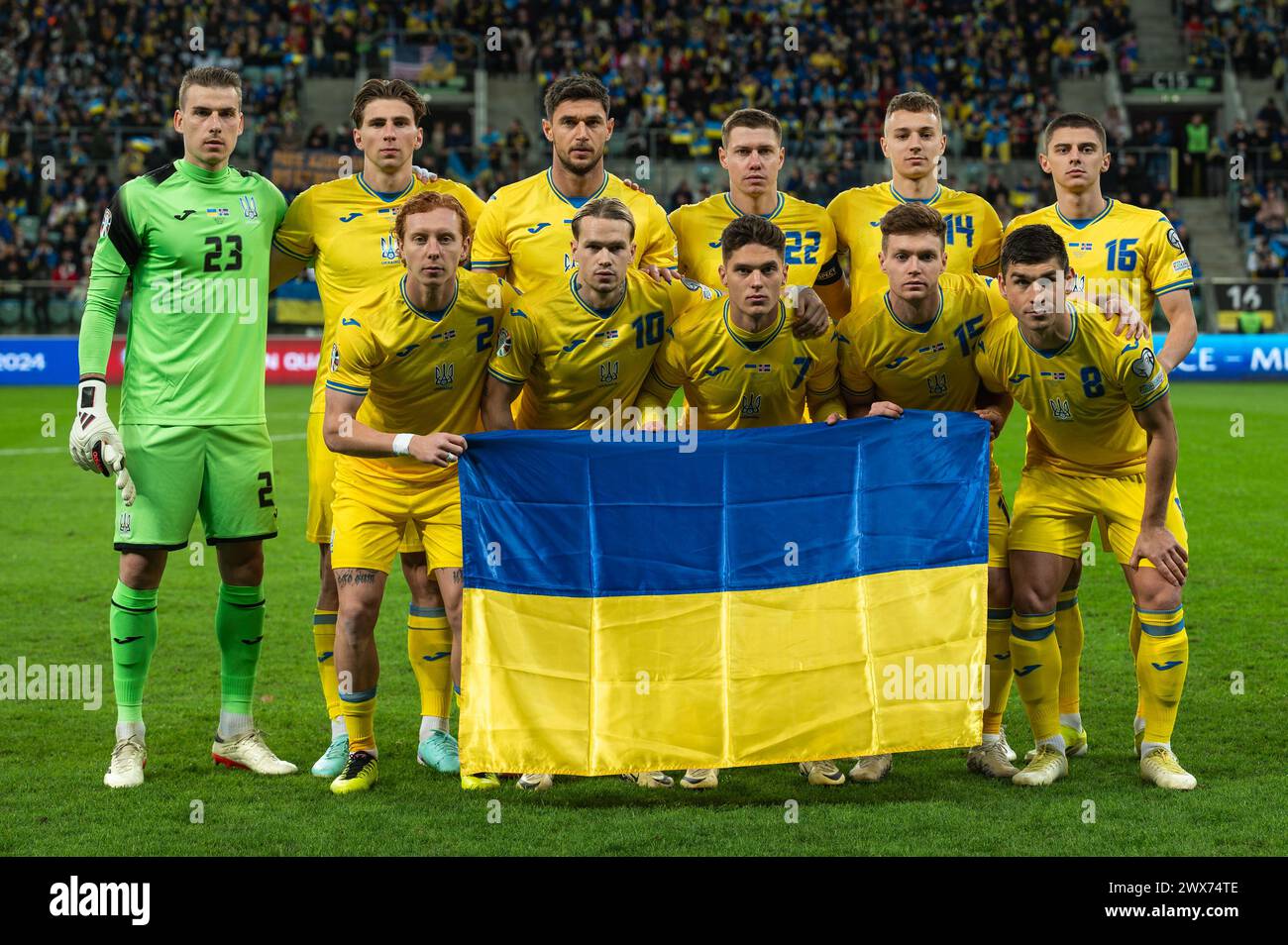 WROCLAW, POLEN - 26. MÄRZ 2024: Qualifikation für die UEFA Euro 2024. Letztes Play-off-Spiel Ukraine - Island 2:1. Team der Ukraine. Stockfoto