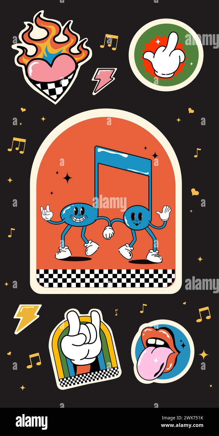 Vektor. Farbenfrohes Set mit Cartoon-Design im Retro-Look. Kollektion trendiger Vintage y2k-Sticker. Lustige, farbenfrohe Schilder mit Zitaten. Lustiger Patch Stock Vektor
