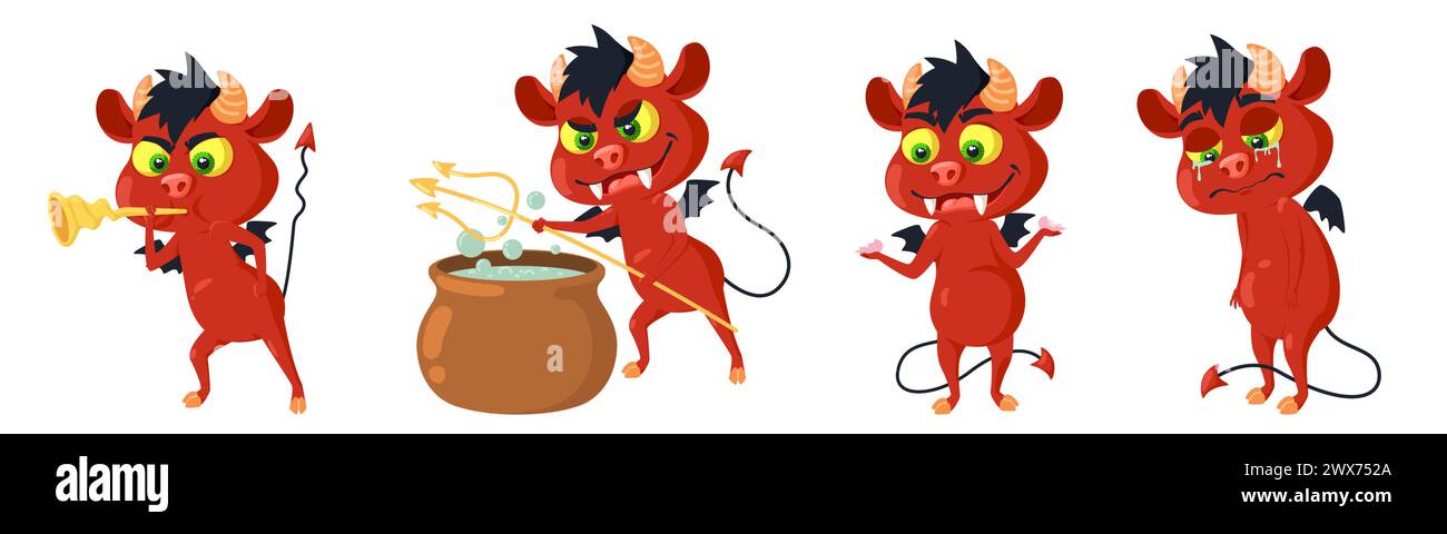 Niedliche kleine gehörnte Teufel-Zeichentrickfiguren Emoji isoliertes Set Stock Vektor