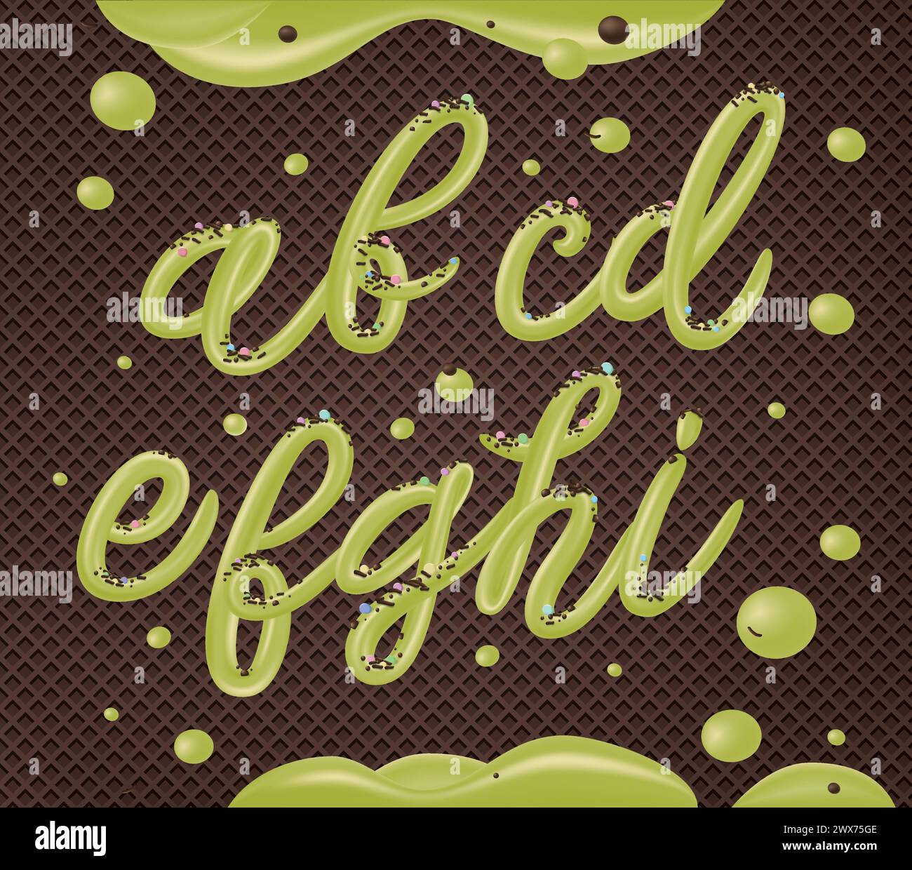 Selbstgemachtes Pistazieneis-Typografie-Alphabet isoliert auf Schokoladenwafer-Hintergrund. Kalte Süßigkeiten ABC. Essbare Buchstaben. Dessertbeschriftung. Gefrorene Ty Stock Vektor