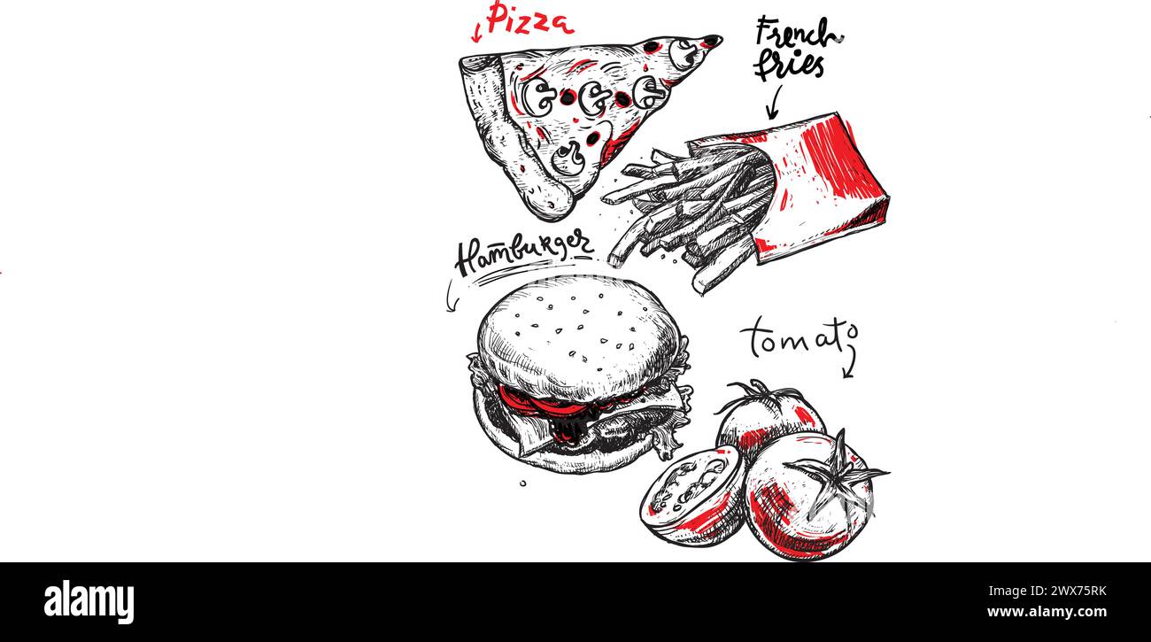 Vintage-Fastfood-Poster. Handgezeichnete Abbildung. Hamburger, Tomaten und Pommes Frites isoliert auf weißem Hintergrund. Fastfood-Poster für Ihr Design Stock Vektor