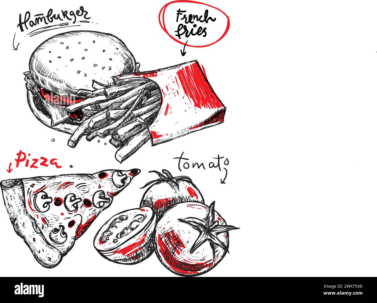 Vintage-Fastfood-Poster. Handgezeichnete Abbildung. Hamburger, Tomaten und Pommes Frites isoliert auf weißem Hintergrund. Fastfood-Poster für Ihr Design Stock Vektor