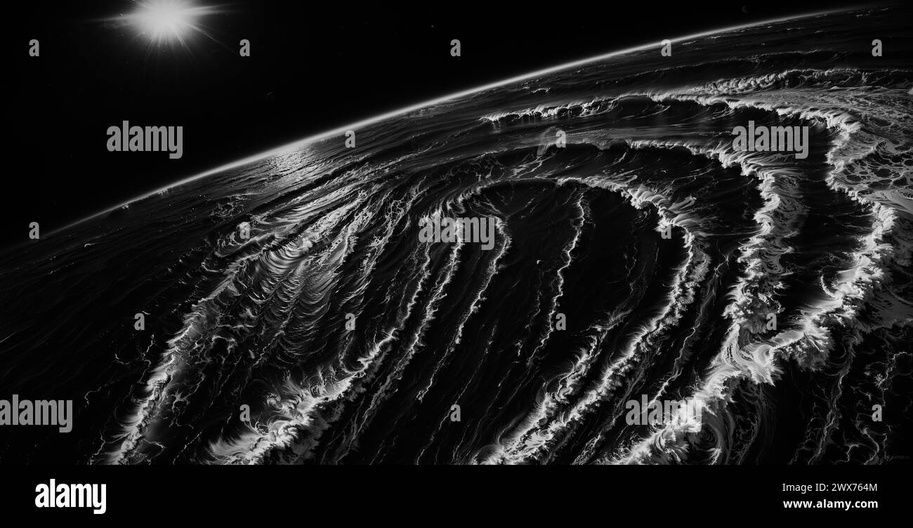 Ein terrestrischer Planet, der 470 Lichtjahre von der Erde entfernt ist. Umgeben von riesigen Ozeanen, wird seine Oberfläche ständig von gnadenlosem Wetter erschüttert. Stockfoto