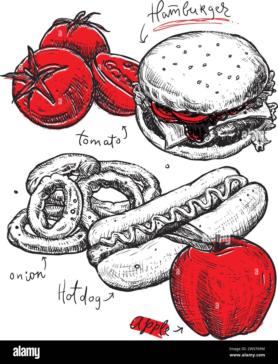 Vintage-Fastfood-Poster. Handgezeichnete Abbildung. Hamburger, Tomaten und Pommes Frites isoliert auf weißem Hintergrund. Fastfood-Poster für Ihr Design Stock Vektor