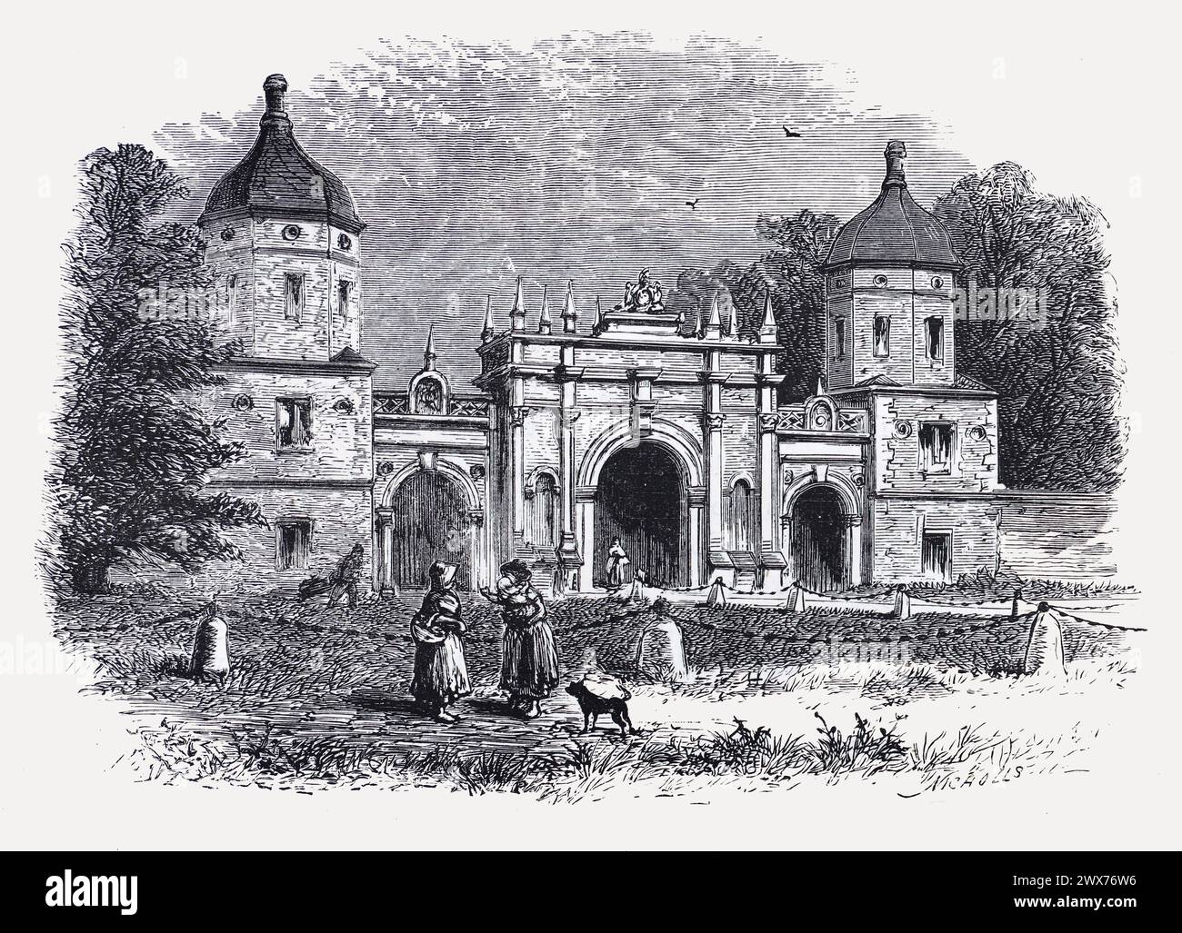 Die Lodge in Burghley, Stamford, im 19. Jahrhundert. Schwarz-weiß-Illustration aus dem „Our Own Country“ veröffentlicht von Cassell, Petter, Galpin & Co. Ende des 19. Jahrhunderts. Stockfoto
