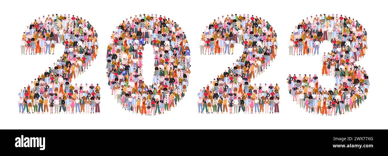 Eine große Gruppe von Menschen bildet die Zahl 2023 oder zweitausenddreiundzwanzig. Illustration des flachen Vektors auf weißem Hintergrund isoliert. Stockfoto
